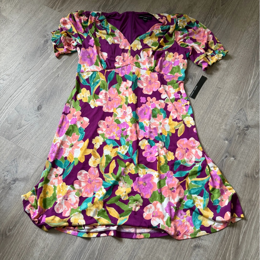 Maggy London Purple Floral V-Neck Midi Dress